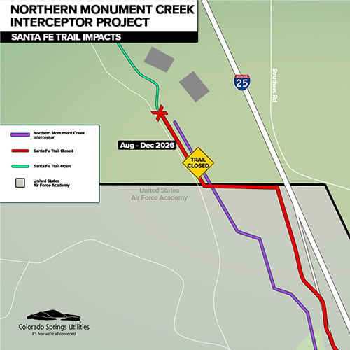 Map illustrating a closure on the Santa Fe Trail, just north of Air Force Academy Grounds. This small section of trail will be closed from August to December 2026 due to construction as part of the Northern Monument Creek Interceptor Project.