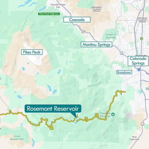Map showing the location of Rosemont Reservoir in relation to Colorado Springs. The map shows it is located in the Pike National Forest next to Gold Camp Road. There is a green label that marks the location and text that reads "Rosemont Reservoir."