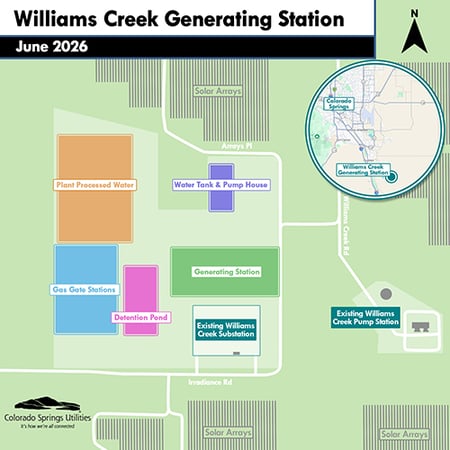 Map of the Williams Creek Generating Station, located south of Fountain and just east of I-25. It has multi-color boxes representing where discharge ponds, a natural gas generating station, gas gate stations, detention ponds and a water tank and pump house will be placed in the complex.