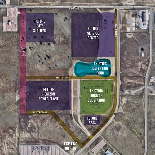 Map of the planned Horizon Utility Campus. The graphic shows multiple purple zones next to Drennan Road, near the Colorado Springs Airport. The largest zone is labeled "future service center," on the east side of the complex. Other purple boxes indicated future gate stations, future horizon power plant, and future battery electric storage system situated around an existing substation and detention pond.