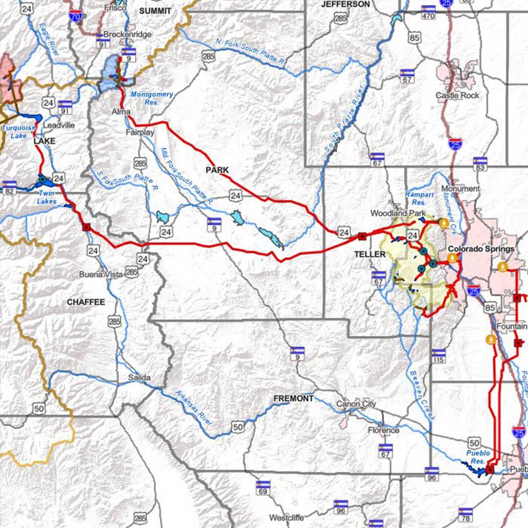 Map of our trans-mountain water system. It shows two main lines running from Montgomery Reservoir south of Breckenridge and another from Turquoise Lake and Twin Lakes near Leadville back to Colorado Springs.