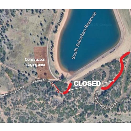 Aerial satellite map of the South Suburban Reservoir and the trails surrounding it. The trails on the south end of the dam are bolded in red and read "closed"  on the southwest corner of the reservoir, there is a zone labeled "construction staging area."