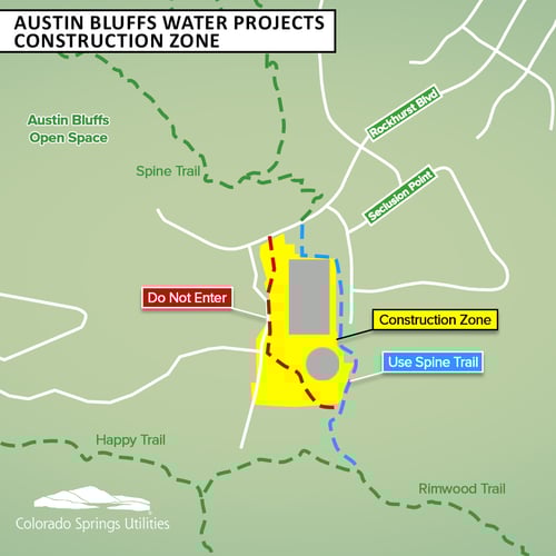 A map showing the construction zone at the Austin Bluffs Water Project, highlighting the closure of a social trail on the west side of the construction zone. The map urges hikers to instead use the Spine Trail on the east side of the construction zone.