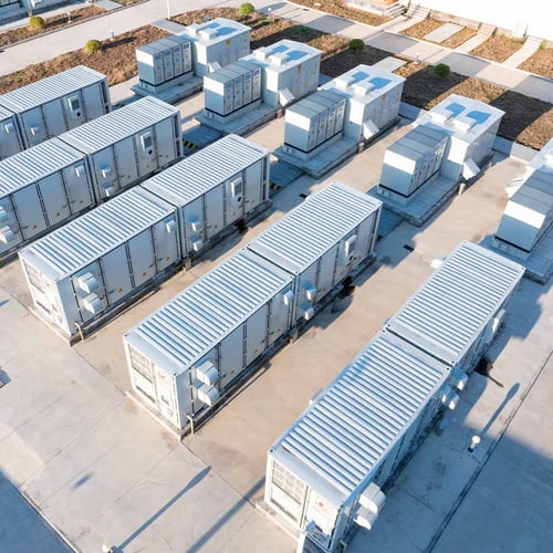 A representation of five battery electric storage units photographed from an aerial angle. They are light grey and look similar to shipping containers.