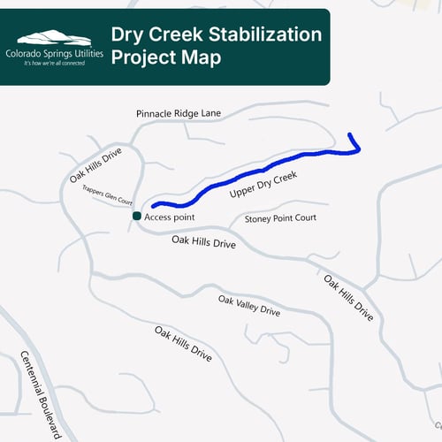 Map showing the Dry Creek Stabilization Project. The map shows the construction access point  at Trappers Glen Court and Oak Hills Drive. The map shows Upper Dry Creek, which runs along a hiking path between Pinnacle Ridge Lane and Stoney Point Court.