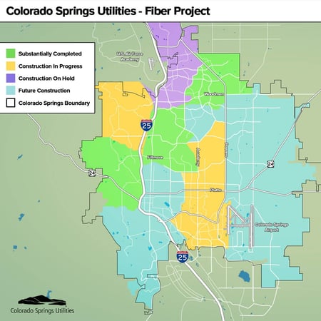 Map with 7 zones. Active build areas include the Rockrimmon, Old Colorado City, Pikeview, and south of Platte Avenue and east of the airport. The completed area is north of Cottonwood Creek Park. The on-hold region is the Briargate and Northgate area. Other areas will be built out in the future.