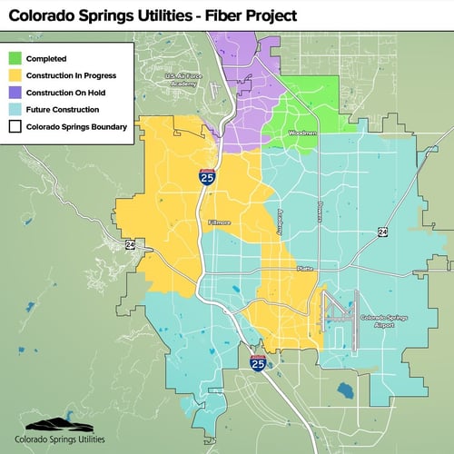 Map with 7 zones. Active build areas include the Rockrimmon, Old Colorado City, Pikeview, and south of Platte Avenue and east of the airport. The completed area is north of Cottonwood Creek Park. The on-hold region is the Briargate and Northgate area. Other areas will be built out in the future.