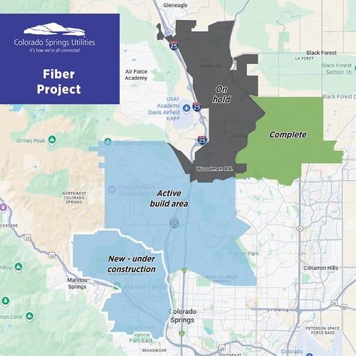 Map containing four zones. Two show active build areas, one shows a completed area, and the other shows where construction is on hold. The active build areas include the Rockrimmon neighborhood, Old Colorado City, Old North End and an area north of Platte Ave and west of Academy Boulevard.