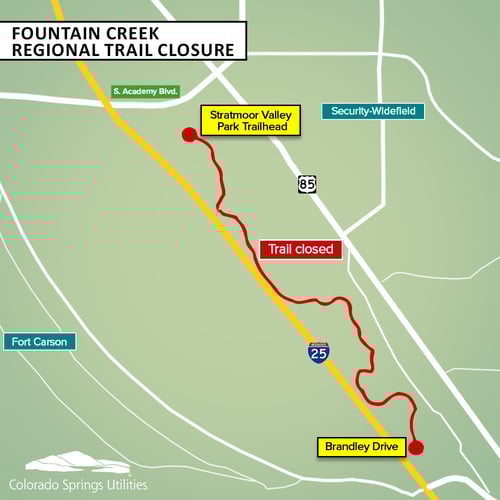 Mapa del cierre del sendero regional Fountain Creek, que se extiende desde el inicio del sendero del parque Stratmoor Valley hasta Brandley Drive en Security-Widefield.