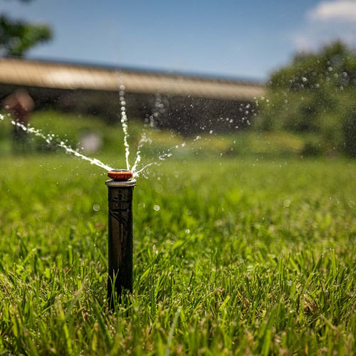 A pop up sprinkler nozzle sprays four concentrated streams of water onto lush green grass.