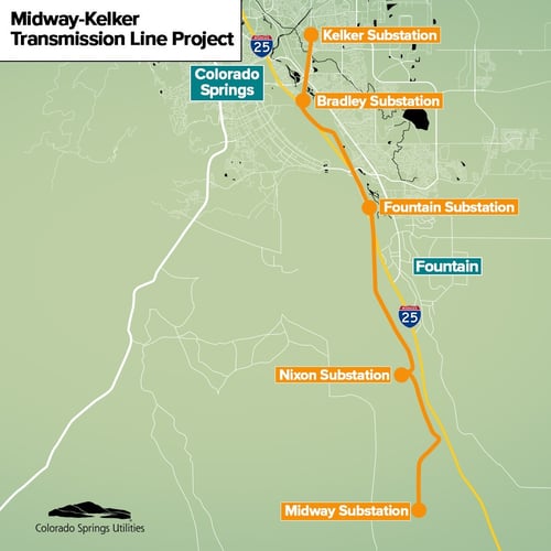 Map of an orange line representing the new transmission line running from the Midway Substation, south of Fountain along I-25, connecting the Nixon substation, Fountain substation, Bradley substation and Kelker Substation on South Academy in Colorado Springs.