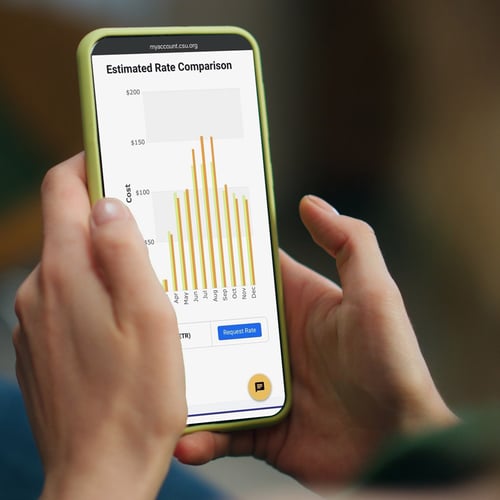 A person uses their smartphone, displaying the My Rate Tool on My Account. The screen reads "Estimated Rate Comparison" and it shows a graph with multiple lines, indicating bill amounts under each Energy Wise Rate option.