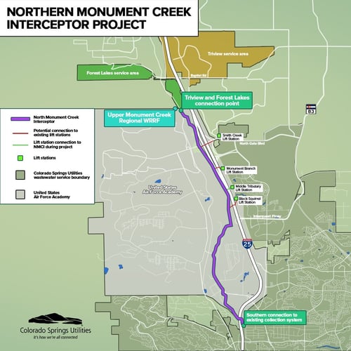 A map showing the run of the Northern Monument Creek Interceptor. The pipeline runs just west of I-25, extending from the northern boundary of the Air Force Academy to the southern connection point, located south of I-25 and N. Academy Boulevard.