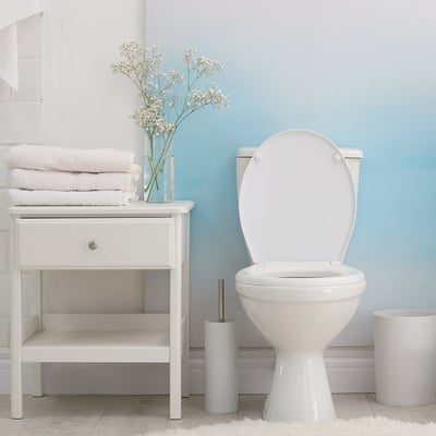 A white porcelain toilet in a bathroom with modern fixtures.