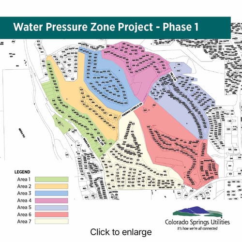 A map displaying the order in which areas will have their pressure reducing valves checked. The map shows 7 phases of the assessments starting clockwise from Mesa Road across much of the Kissing Camels neighborhood.