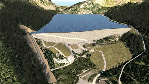 A computer rendering of the enlarged Montgomery Reservoir and its new dam. It illustrates a spillway on the left side of the image and multiple trails around the lake in a mountainous landscape.