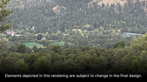 Rendering of the Penrose Water Supply Project from Poutales Park. There is two large curved green roofs of water tanks visible in the distance.