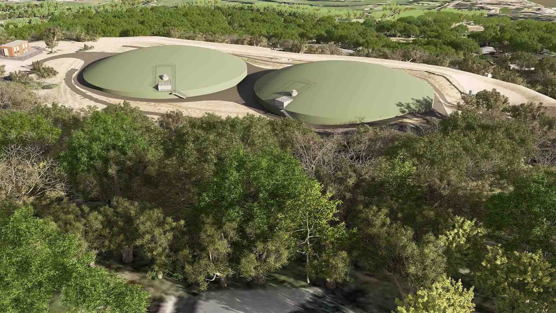 Rendering of two covered water storage tanks situated above a wooded area, with access structures visible on top of each tank.