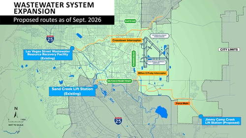 Map of proposed wastewater improvements in southeast Colorado Springs. Affected areas mostly mirror roads and utility easements near Powers Boulevard, Milton E. Proby Parkway, Colorado Springs Airport, and Peterson Space Force Base.