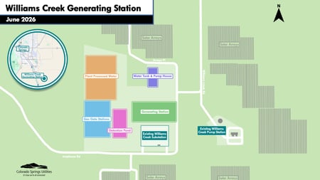 Map of the Williams Creek Generating Station, located south of Fountain and just east of I-25. It has multi-color boxes representing where discharge ponds, a natural gas generating station, gas gate stations, detention ponds and a water tank and pump house will be placed in the complex.