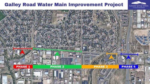 Map of the Galley Road Water Main Improvement Project. The 1st phase stretches between Moffat Circle and Wooten Road. The 2nd phase stretches between Wooten and Babcock Road. The 3rd phase extends from Space Center to Powers. The 4th is the Powers intersection.