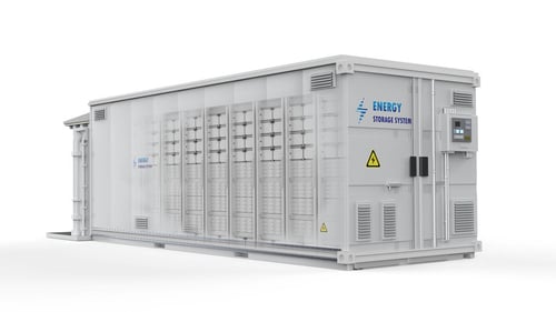 Graphic rendering of a large, industrial energy storage system about the size of a shipping container. It has multiple compartments, ventilation panels, and electrical components.