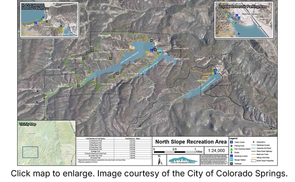 Map of the North Slope Recreation Area from the City of Colorado Springs. The Map shows North Catamount Reservoir, South Catamount Reservoir and Crystal Creek Reservoir as well as numerous trails surrounding the area. 