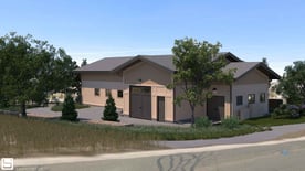 Computer rendering of a residential building painted light brown with windows and double doors that look like a garage.
