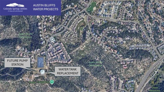 Map of the project area. The Future pump station and the new water tank are located south of the end of Rockhurst Boulevard and near the Happy Trail trailhead.
