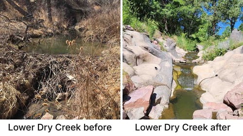 A before and after example to show the structure of the creekbed before and after creek stabilization efforts. The before photo shows stagnant water in a natural dam. The after photo shows an orderly creek with concrete and rock structures on each side of the water.