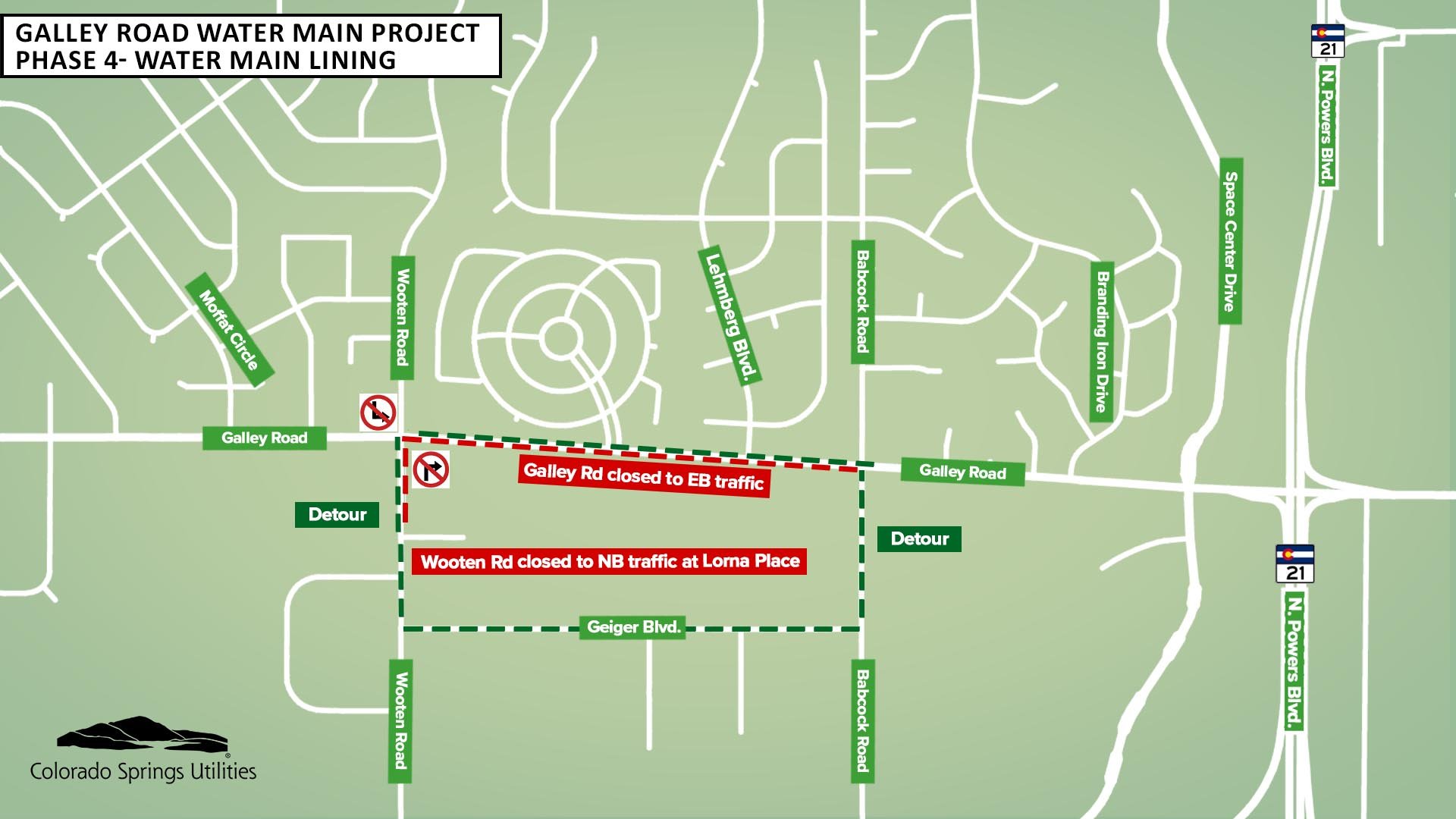 A map showing eastbound traffic on Galley Road is closed between Wooten Road and Babcock Road. A small section of northbound traffic of Wooten is also closed between Galley and Lorna Place.