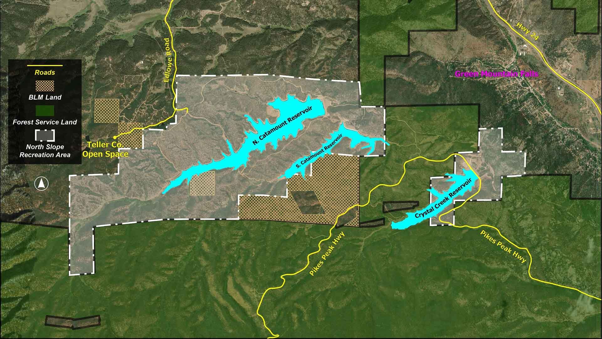 Map of the North Slope Recreation Area, which shows the North Catamount Reservoir, South Catamount Reservoir and Crystal Creek Reservoir. Green Mountain Falls and Highway 24 are visible to the northeast on the map.