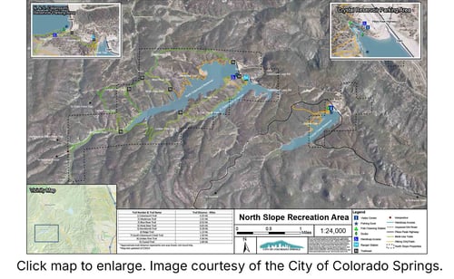 Map of the North Slope Recreation Area from the City of Colorado Springs. The Map shows North Catamount Reservoir, South Catamount Reservoir and Crystal Creek Reservoir as well as numerous trails surrounding the area.