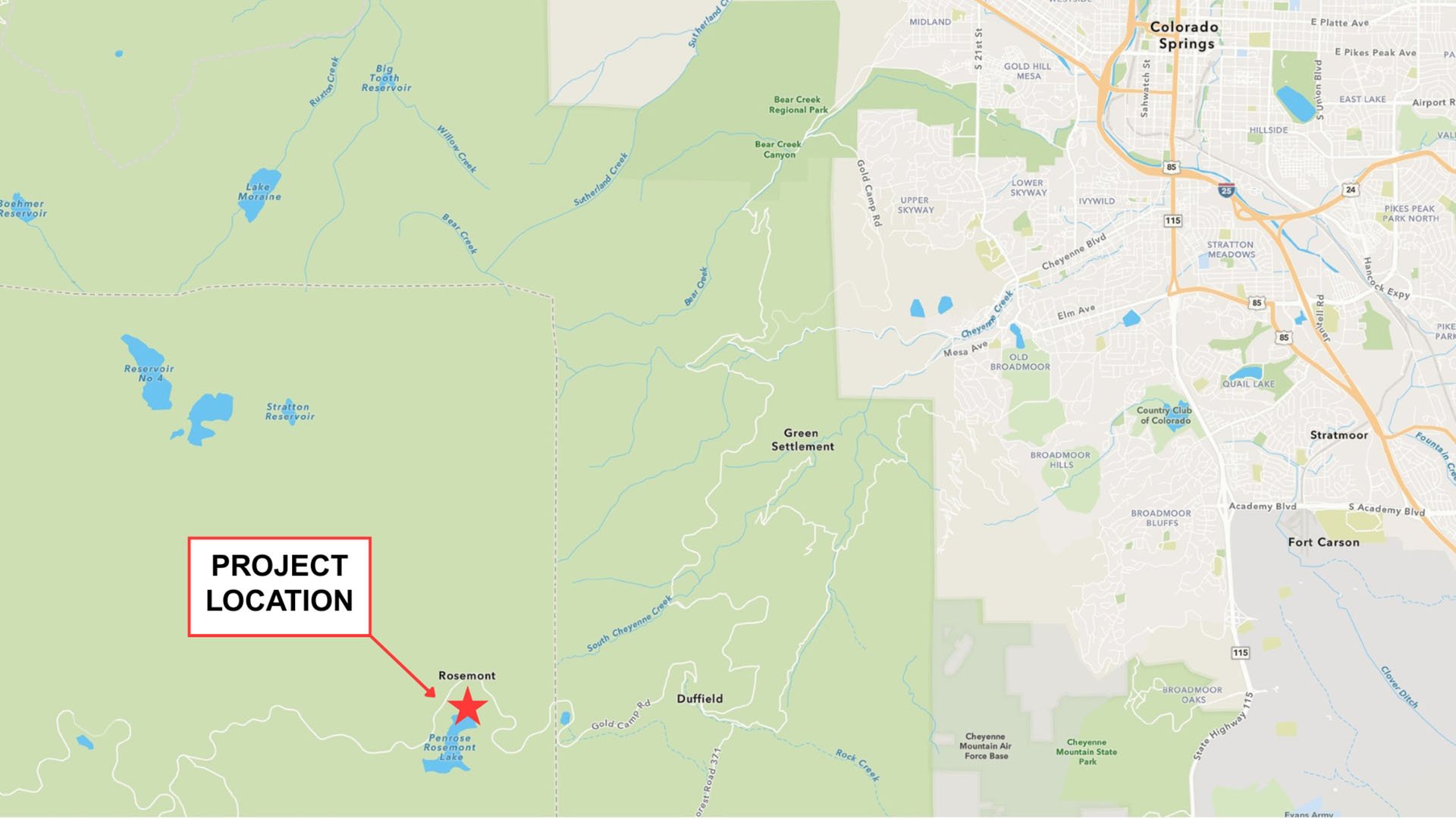 Map showing the location of Rosemont Reservoir in relation to Colorado Springs. The map shows it is located in the Pike National Forest next to Gold Camp Road. There is a red star that marks the location and text that reads "PROJECT LOCATION."