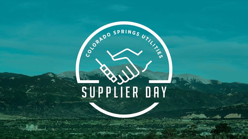 Illustrated graphic that reads "Colorado Springs Utilities Supplier Day" placed in front of a scenic background of Pikes Peak and Garden of the Gods.