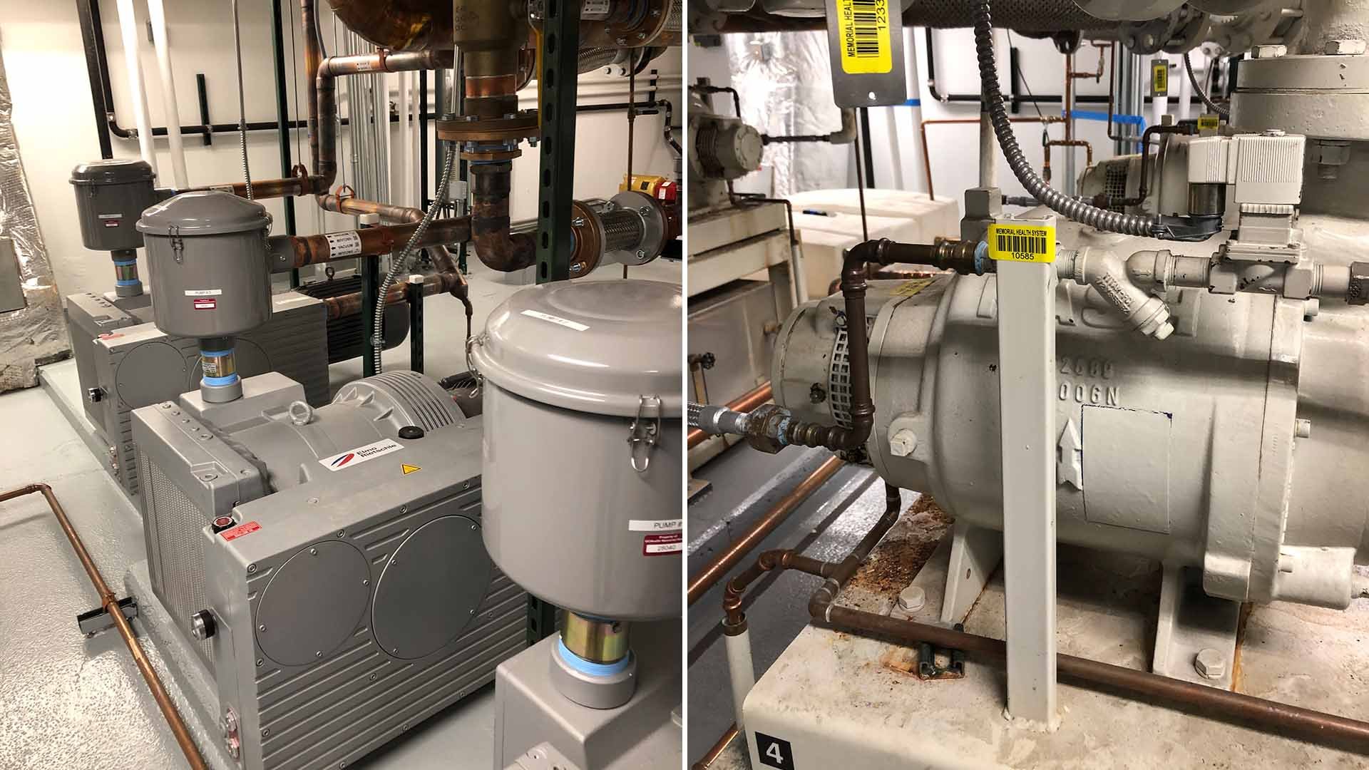 Foto de dos bombas de vacío grises diferentes en una zona industrial del Memorial Hospital. La foto de las nuevas bombas refrigeradas por aceite está a la izquierda, la de las antiguas bombas refrigeradas por agua está a la derecha.