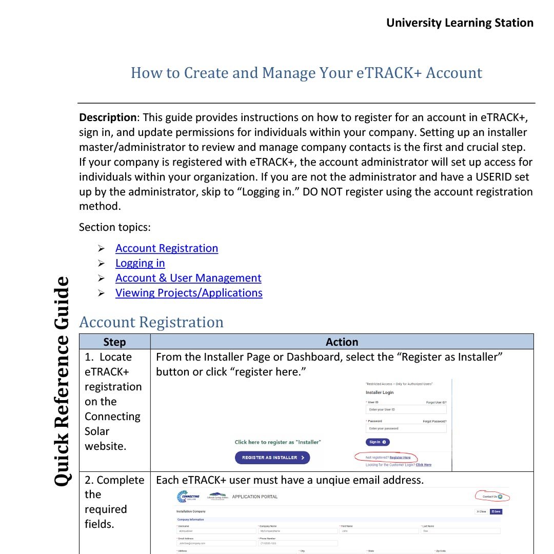 Screenshot of a document titled "How to create and manage your eTRACK+ Account"
