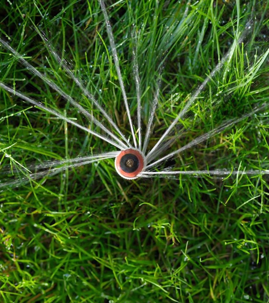 A sprinkler spraying approximately 10 concentrated streams of water on to green grass