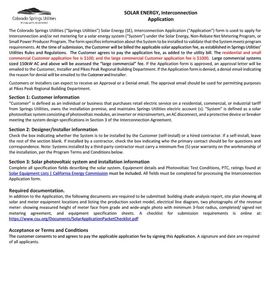Screenshot of the first page of the "Solar Energy Interconnection Application."
