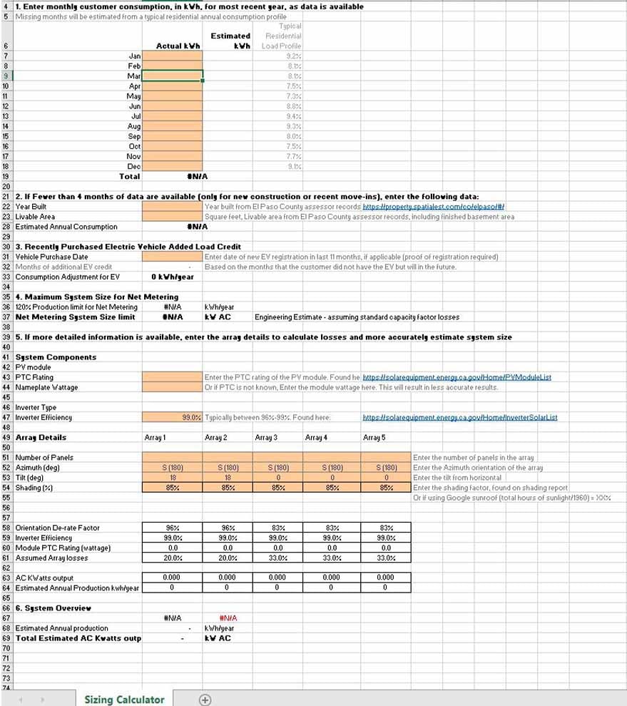 Screenshot of the "residential solar calculator excel sheet"