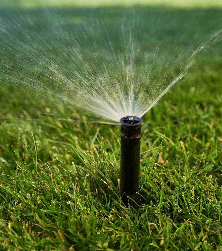 A black in-ground sprinkler head spraying water in a fan-shaped pattern over a green lawn.