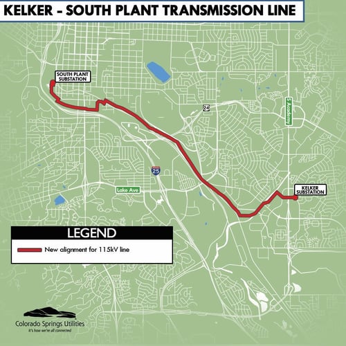 Map of Kelker to South Plant project. Red line shows where new 115kv line will be ran from Kelker to South Plant.