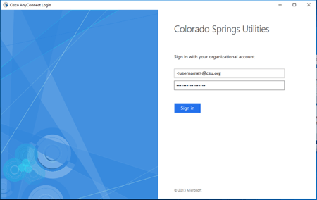 Screenshot of Cisco AnyConnect login screen for Colorado Springs Utilities with fields for username and password