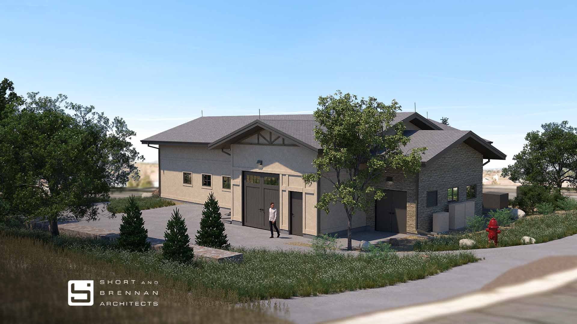 Computer rendering of a residential building painted light brown with windows and double doors that look like a garage.
