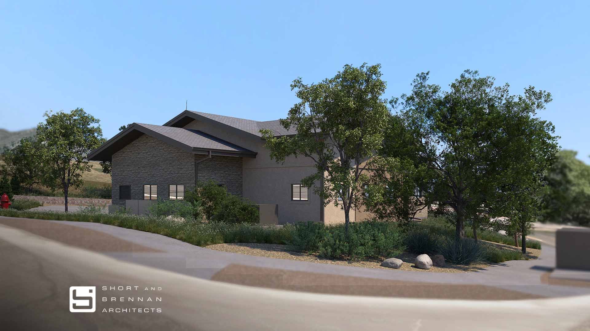  Computer rendering of a residential building painted light brown with a gable roof and 9 windows.