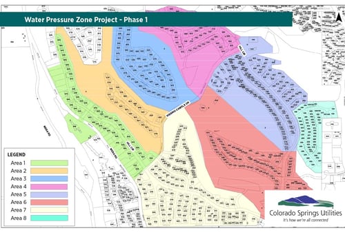 A map displaying the order in which areas will have their pressure reducing valves checked. The map shows 7 phases of the assessments starting clockwise from Mesa Road across much of the Kissing Camels neighborhood.