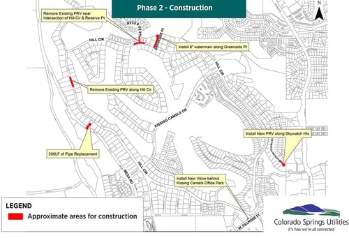 Map of the second phase of construction in the Water Pressure Zone project. It displays active construction projects along the Skywatch Heights cul-de-sac, Greenside Point, Hill Circle and Reserve Point and Mesa Road.