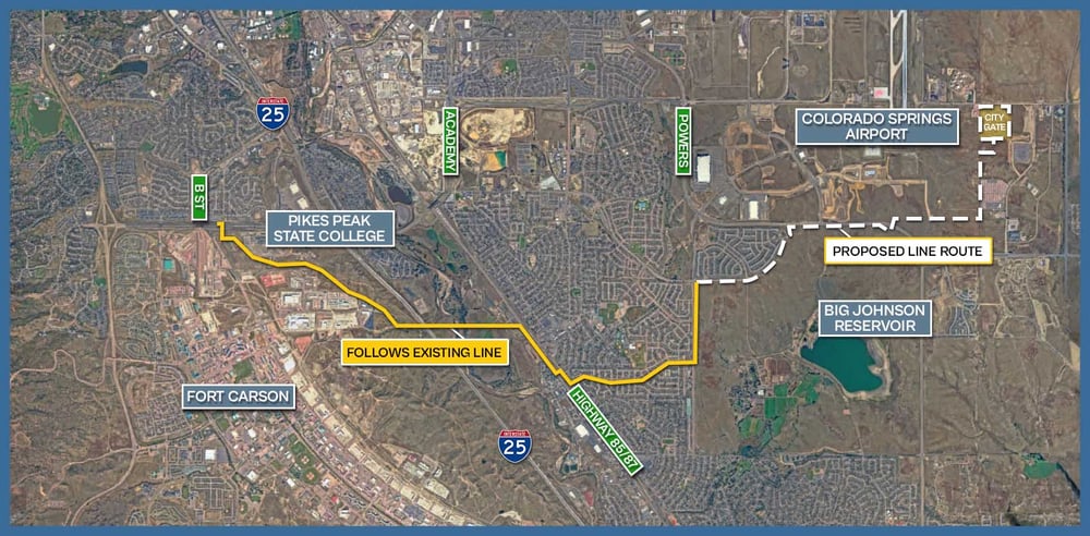 Map of the Natural Gas Expansion Project. The existing pipeline is illustrated as a yellow line that begins near B Street and South Academy. It runs east, crossing I-25 and ending at Grinnell Road. The new line is illustrated in white and runs from Grinnell to a natural gas gate east of the airport. Map of the Natural Gas Expansion Project. The existing pipeline is illustrated as a yellow line that begins near B Street and South Academy. It runs east, crossing I-25 and ending at Grinnell Road. The new line is illustrated in white and runs from Grinnell to a natural gas gate east of the airport.