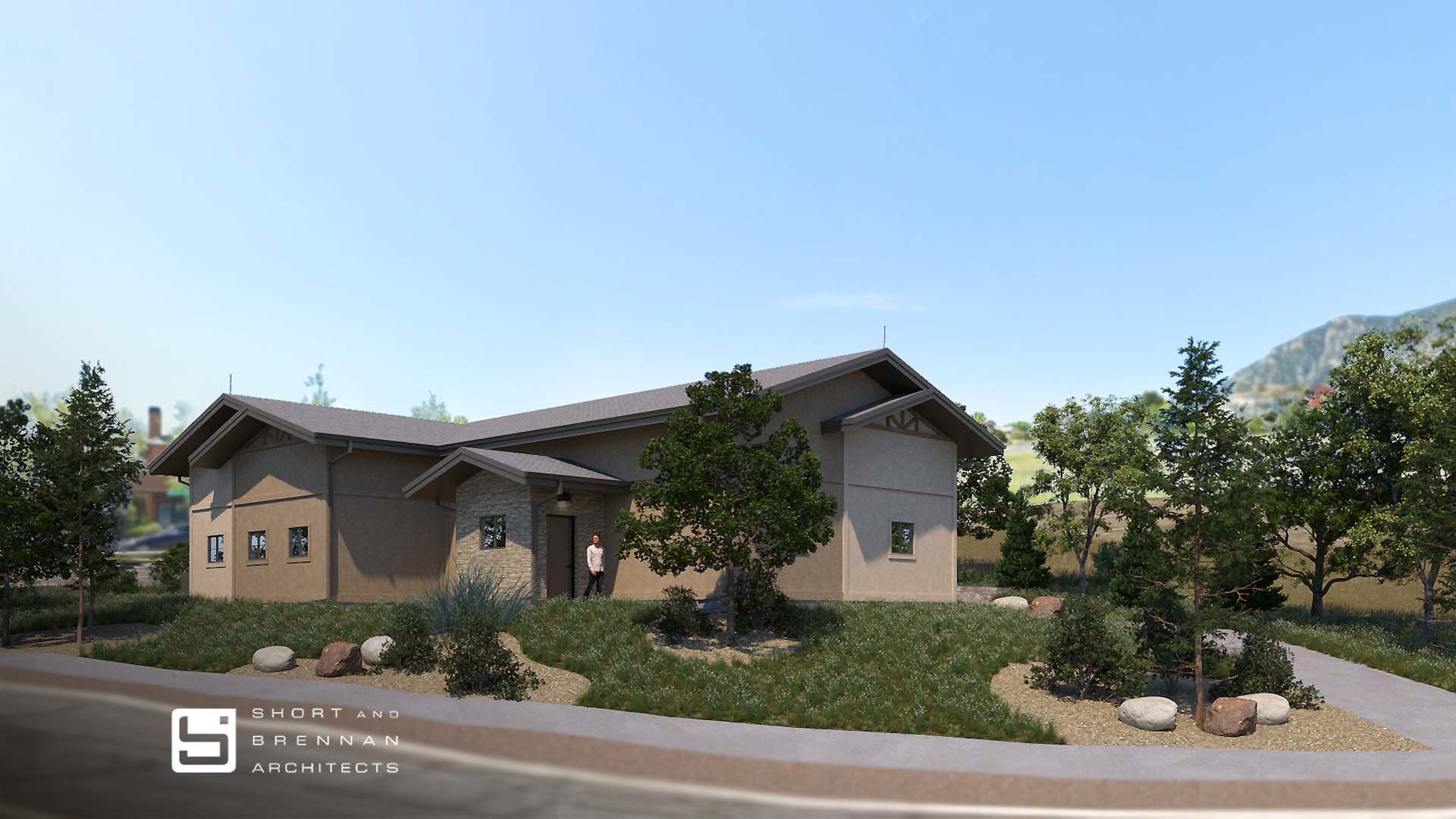 Computer rendering of a light brown residential building with windows and a porch.