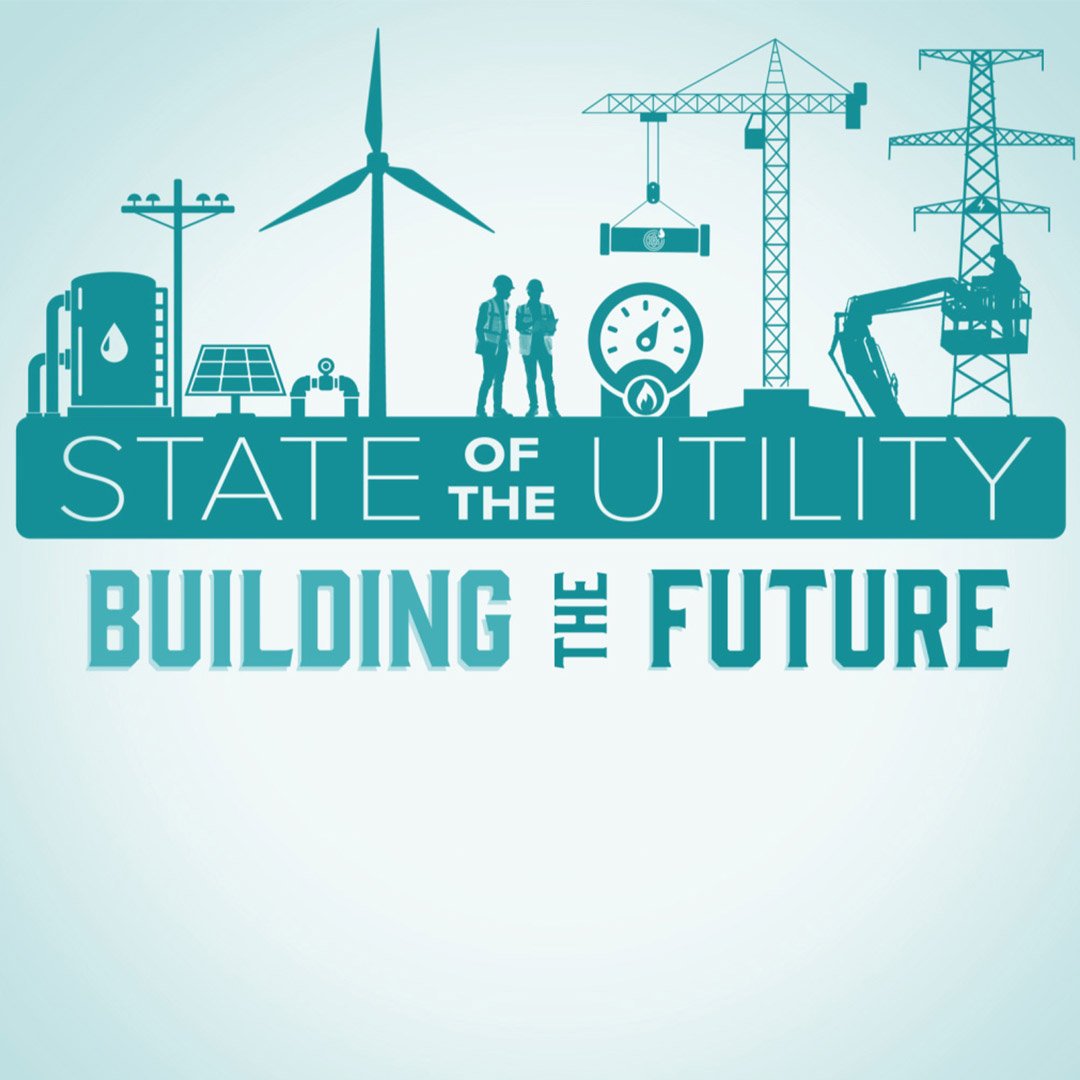 State of the Utility logo. Illustration of power lines, cranes, utility workers, transmission line towers, solar arrays on a horizon. Text on the graphic reads 